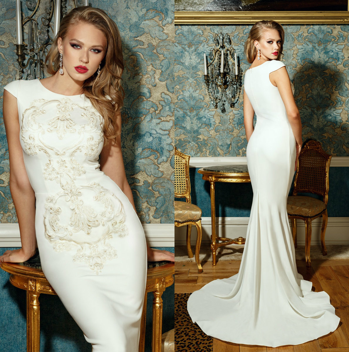 

Simple Bien Savvy Mermaid Wedding Dress Jewel Neck Cap Sleeves Luxury Embroidery Bridal Gowns Elegant Custom Made Wedding Dresses, Silver