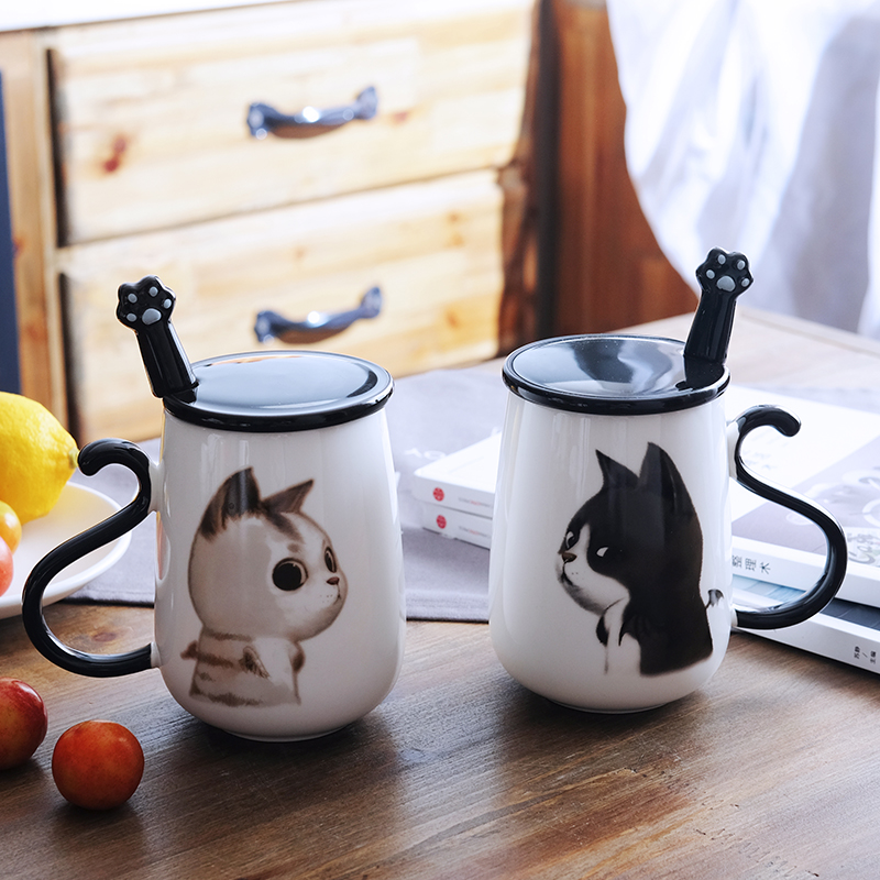 

16oz Cute Cat Coffee Mug Ceramic Milk Mug Tea Cup with Handle Lid and Stainless Steel Paw Spoon Birthday Gift DEC315, White