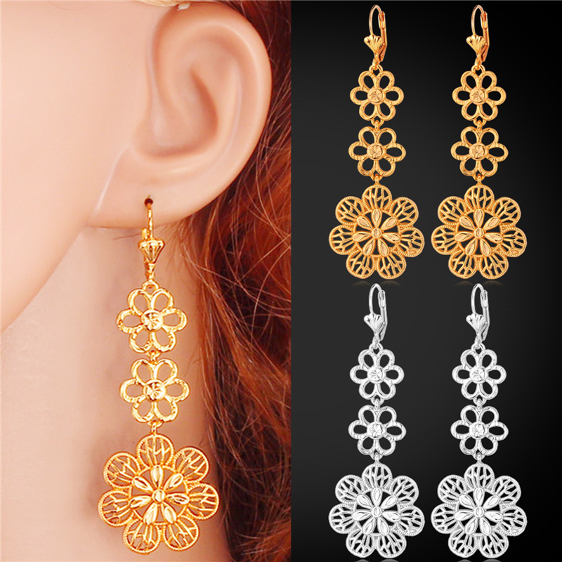 

Gold Long Drop Earrings for Women 18K Real Gold Plated/Platinum Plated Hollow Flower Vintage Earrings