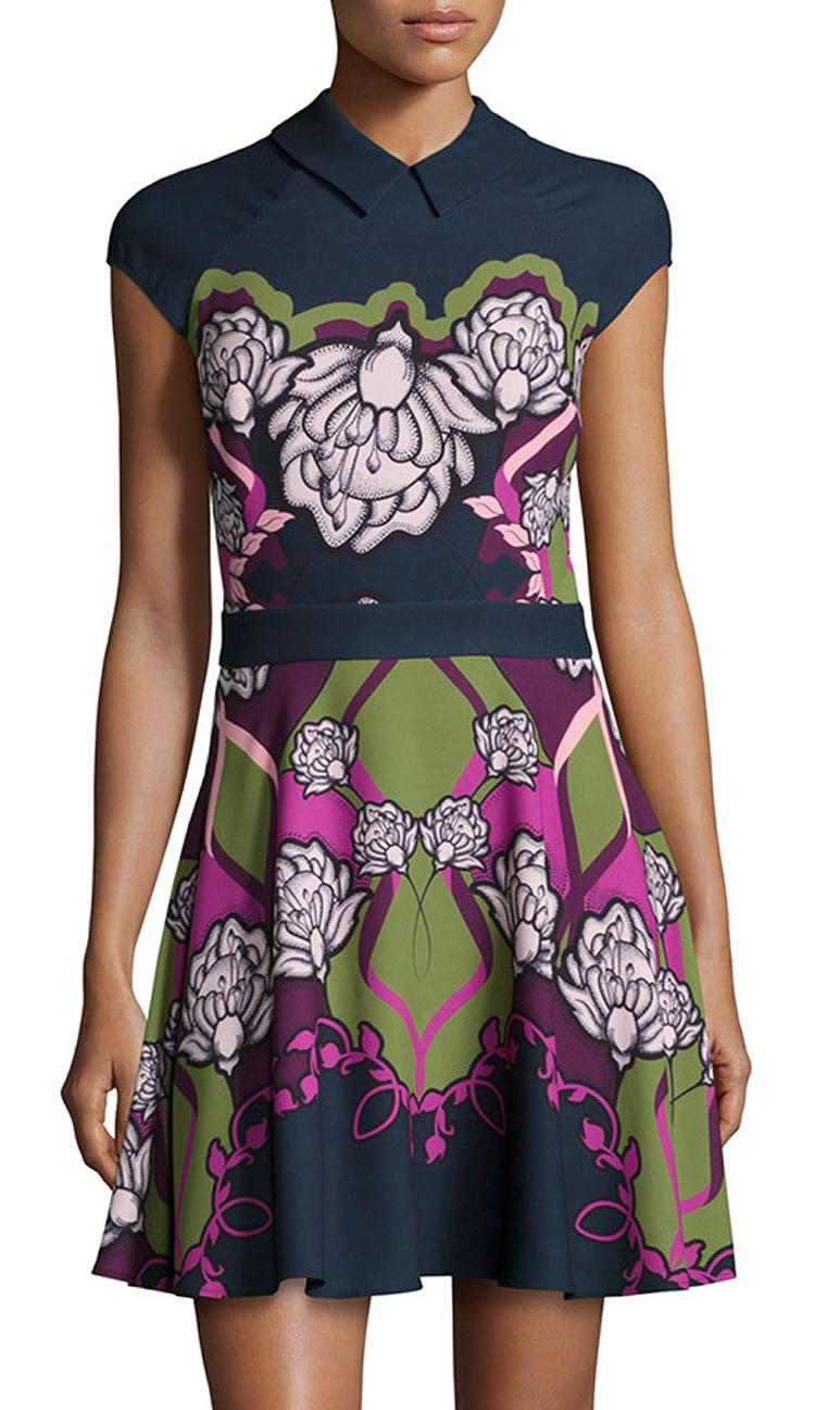 

Vintage Print Women A-Line Dress Round Neck Dresses 038070, As pictures