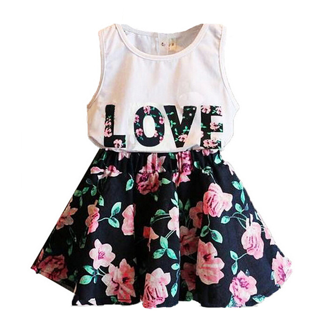 

Wholesale- Children's Clothing 2017 New Summer Girls Letter Love Flower Vest Short Skirt Set Kids Clothes, White