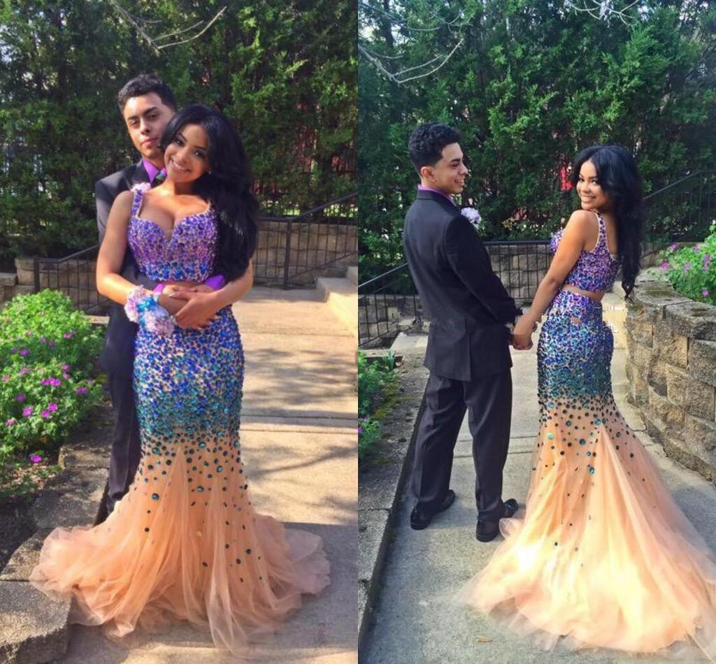 

Heavy Beaded Sparkling Sleeveless Champagne Black Girl Prom Dress Long Formal Cocktail Party Dress Evening Luxury Two Pieces Dresses, Silver