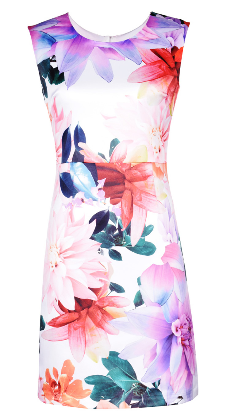 

Fashion Flower Print Women Sheath Dress Round Neck Casual Dresses 084A674, As pictures