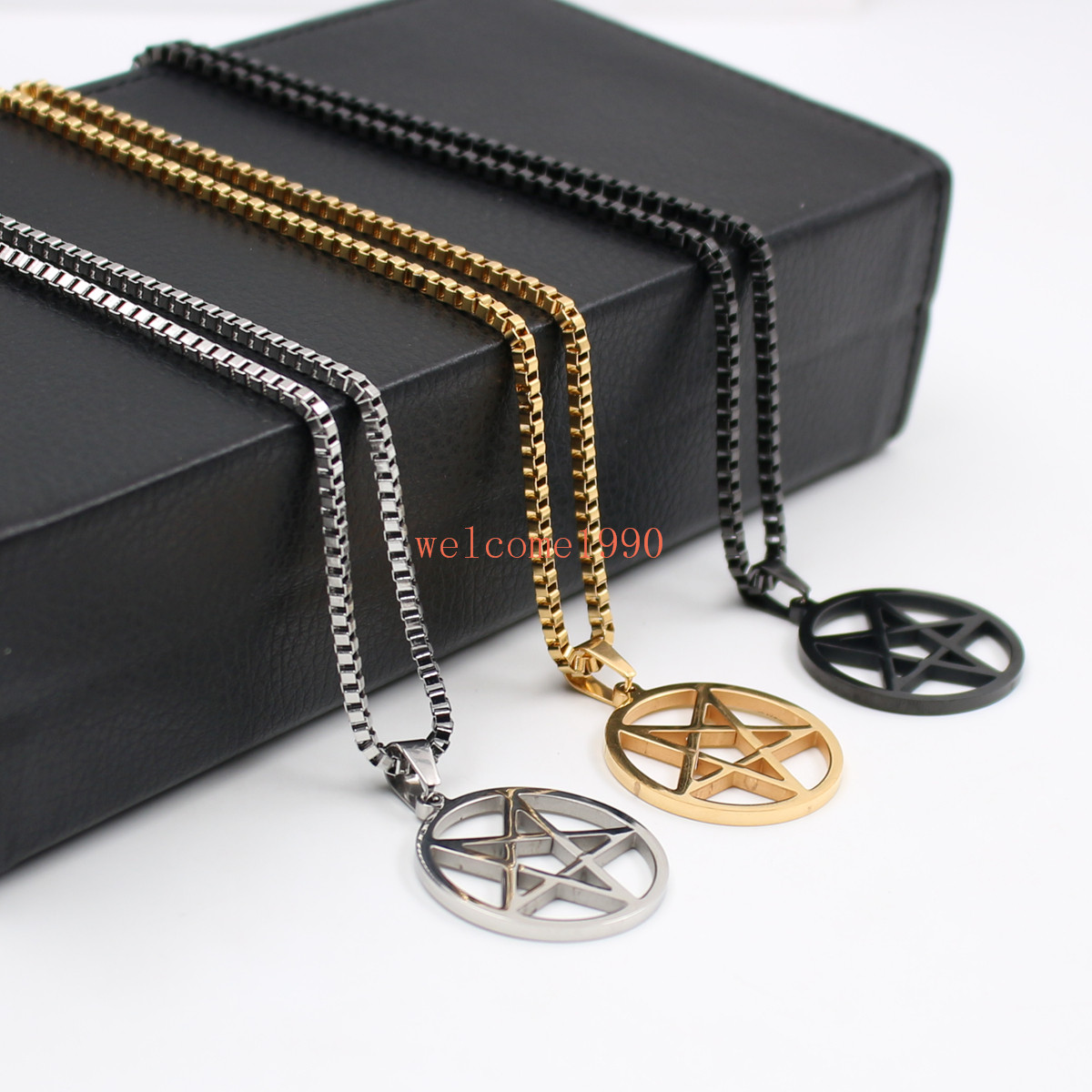 

Silver/gold/black Fashion men women 2.4mm 24''Box Chain Stainless Steel 30mm jewish Wicca Inverted Pentagram religion Pendant necklace Chain
