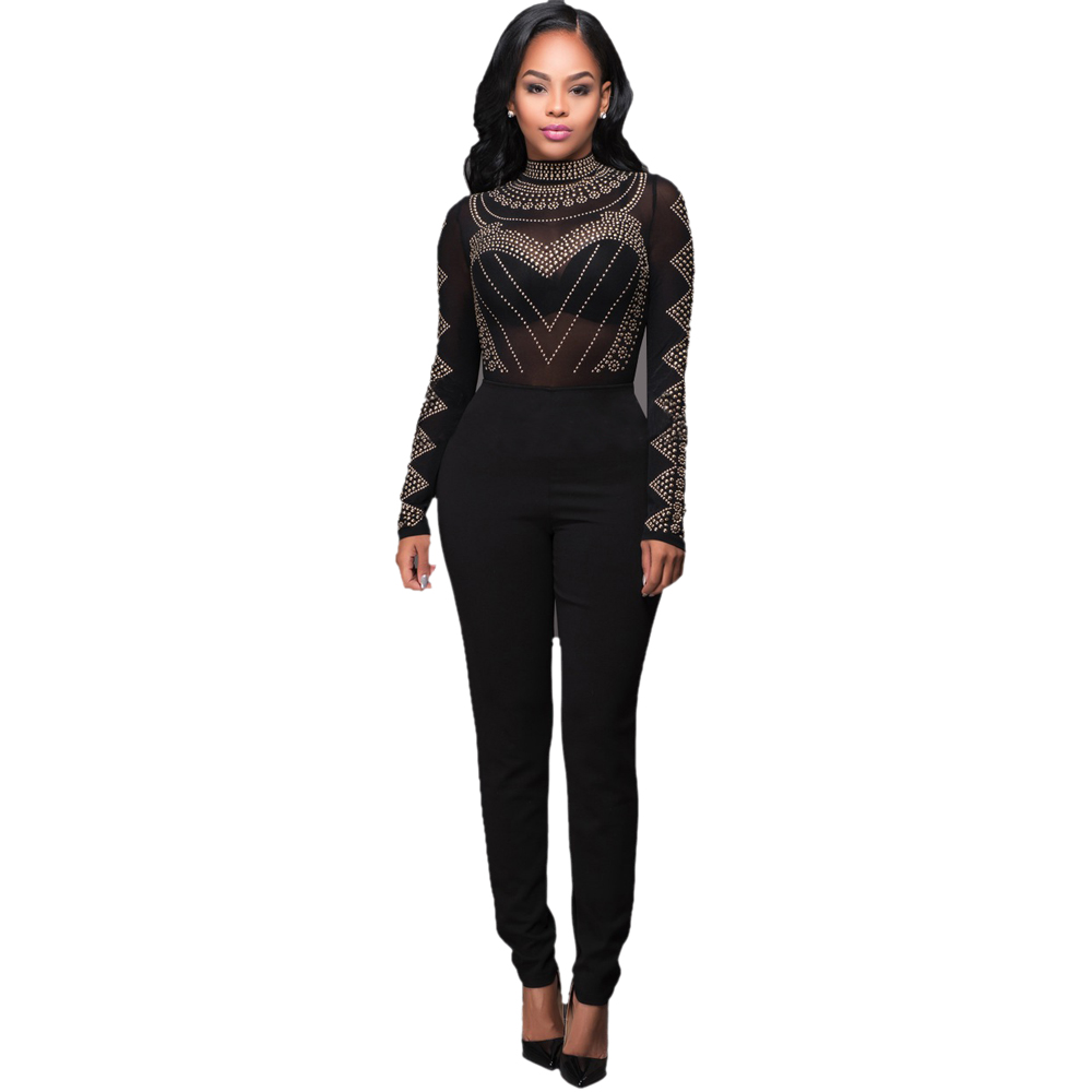 Wholesale- Jumpsuits For Sexy Bodysuit Women 2016 Sexy See Through Women Black Mesh Jumpsuit Long Sleeve Party Sequined Bodycon Calvn Woman-image-404725134