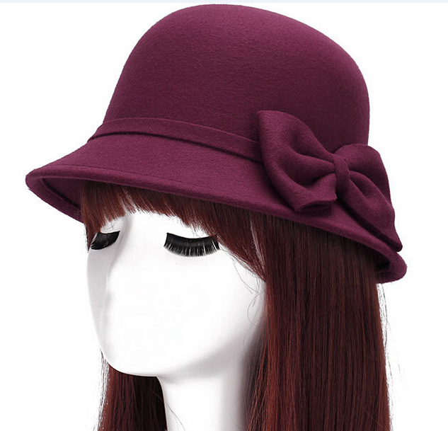 

Wide brim wool felt sun fedora hat for women big bowknot of fall winter sombrero floppy bowler ladies bucket cap, Red