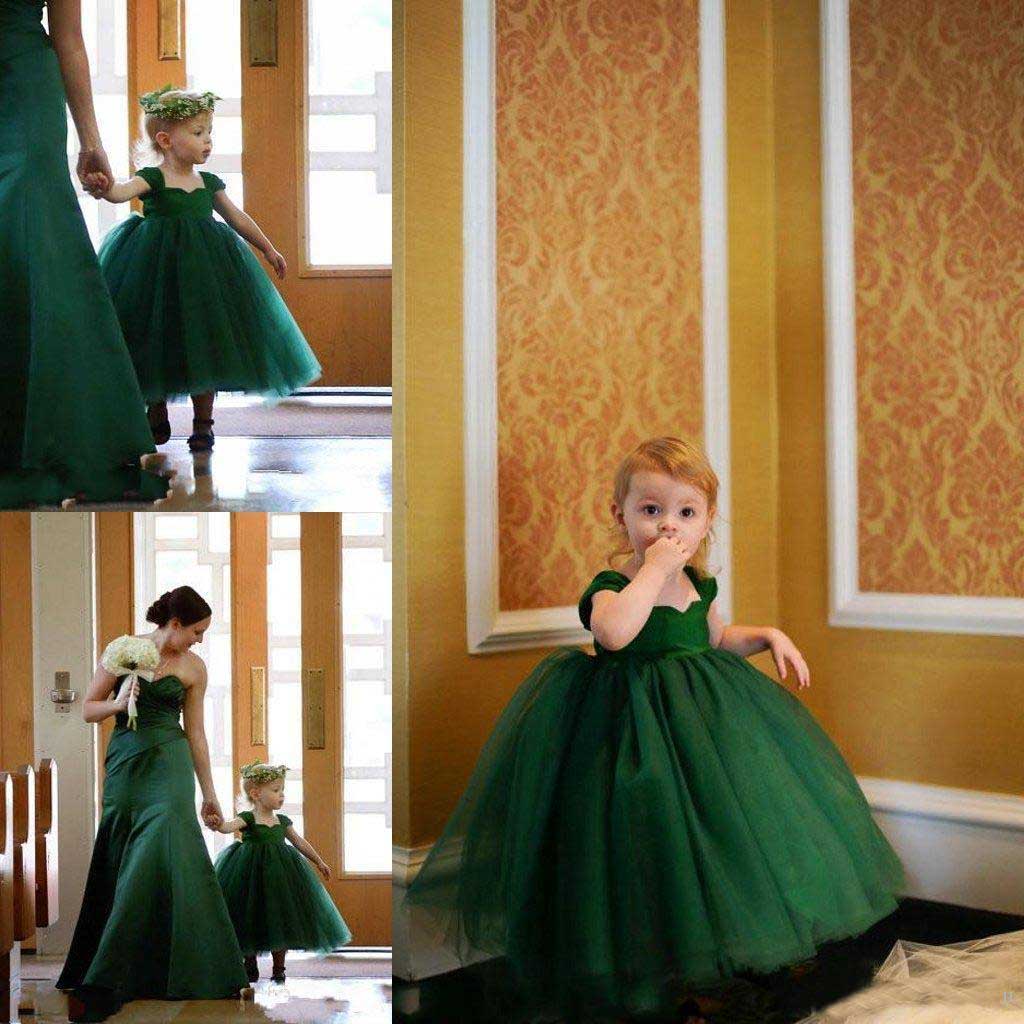 

Little Baby flower Girls Dresses for Weddings Emerald Green Cap Sleeves Tea Length Layered Ball Gown First Communion Dress, Ivory