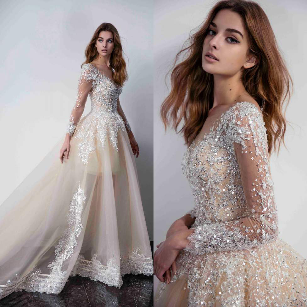 

champagne lace wedding dresses with long sleeves sheer bateau neck aline sequined bridal gowns applique pus size wedding dress, White