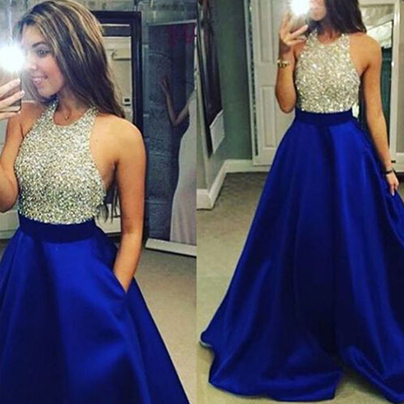 

Sparkly Royal Blue Prom Dress Long Formal A Line Halter Beaded Top Floor Length Evening Party Wear Sleeveless Cheap High Quality, Silver