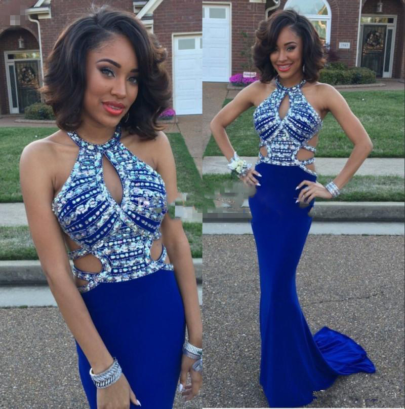

Royal Blue Crystals Beaded Prom Dresses 2017 Halter Mermaid Evening Gowns Back Cross Straps Floor Length African Pageant Party Dresses, Dark green