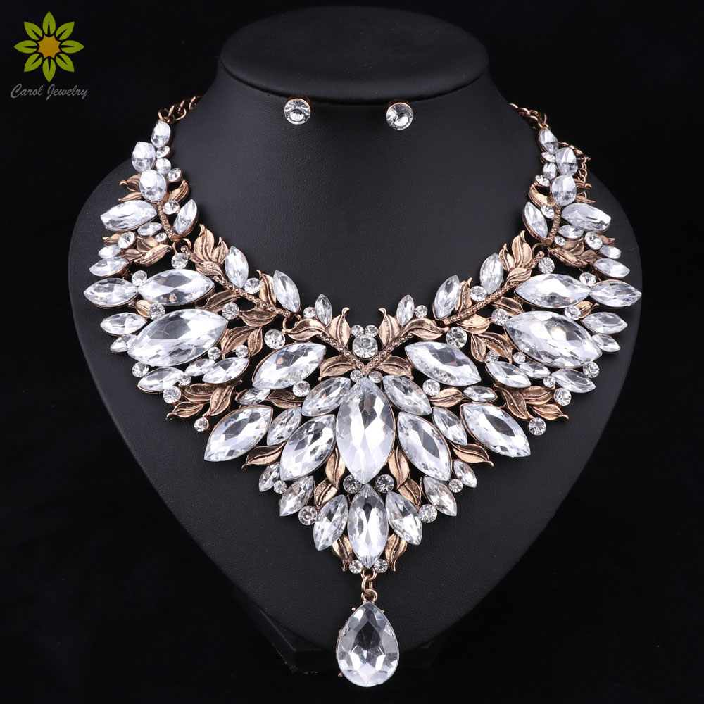 

Retro Style Nigerian Wedding African Beads Jewelry Sets White Crystal Necklace Earrings Set Party Wedding Dubai Jewelry Set