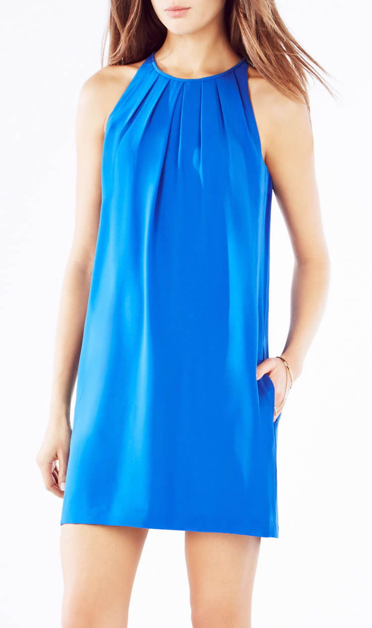 

Fashion Pleated Women Shift Dress Round Neck Sleeveless Dresses 055A95, Blue
