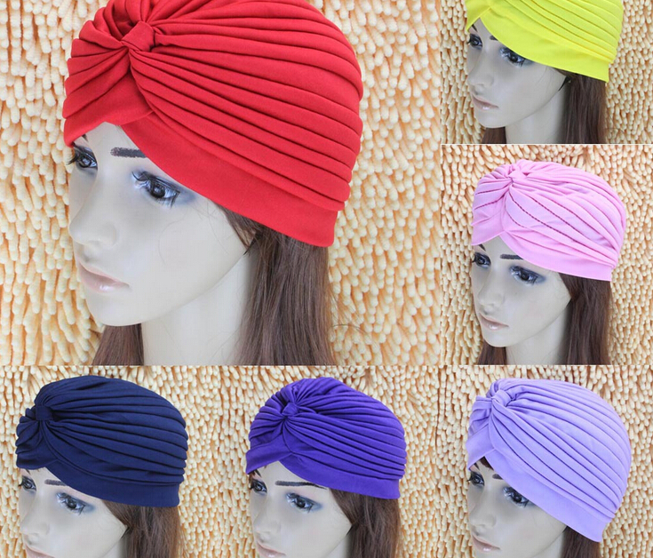 

Fashion Women Lady Stretchy Polyester Turban Head Wrap Hat Band Bandana Hijab Pleated Indian Styles Caps Muslims Shower Cap, Many colors mix sale