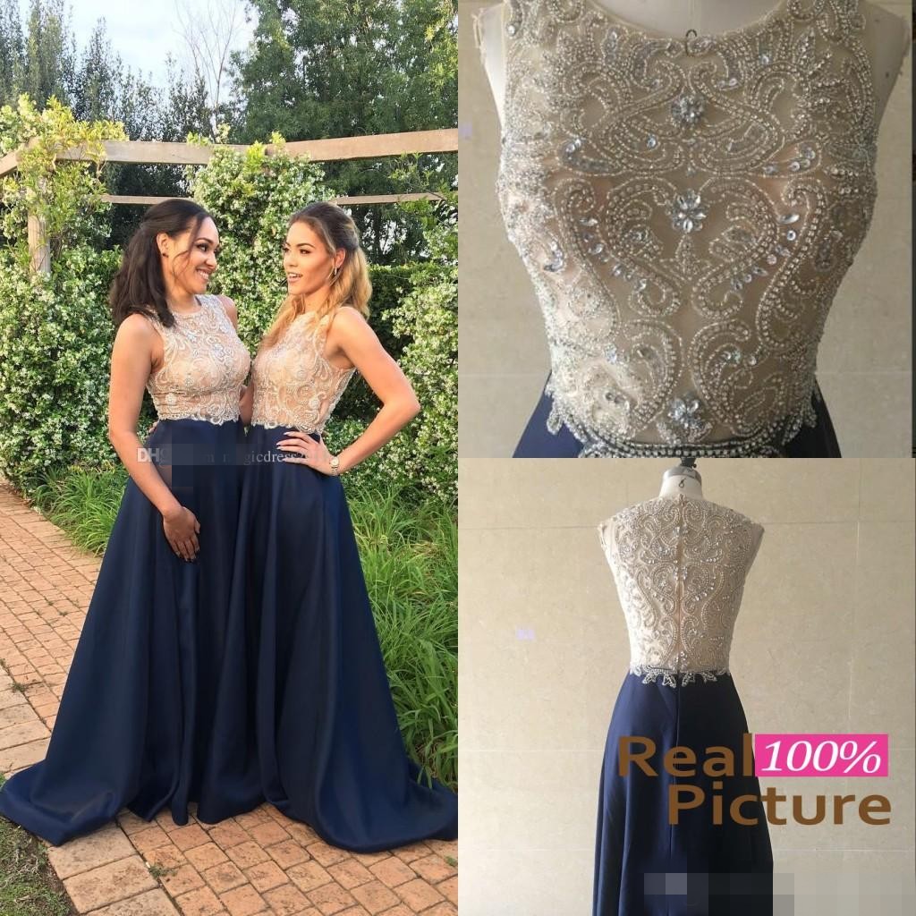 

100% Real Photos 2019 Gold and Blue Bridesmaid Dresses Navy Blue Sheer Neck Major Beaded Floor Length Wedding Guest Party Prom Evening Gowns