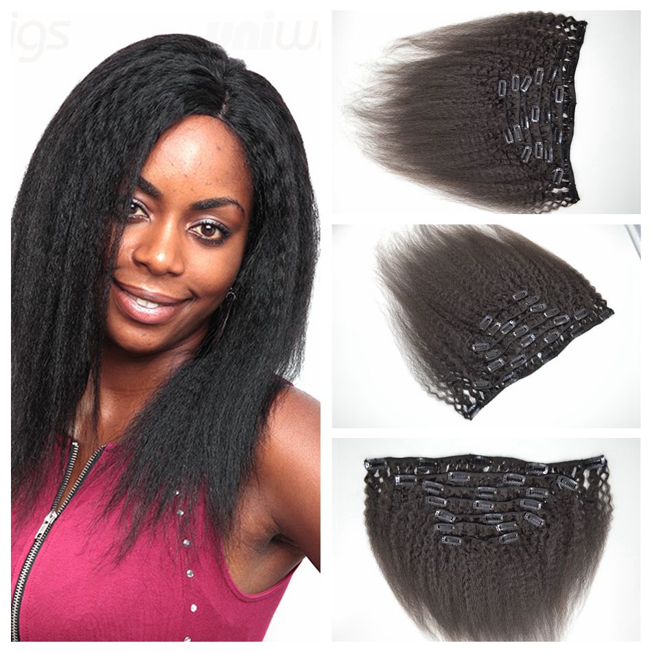 

Malaysian human hair Coarse Yaki Straight 7PCS/SET kinky straight clip in human hair extensions Natural black human hair weaves G-EASY