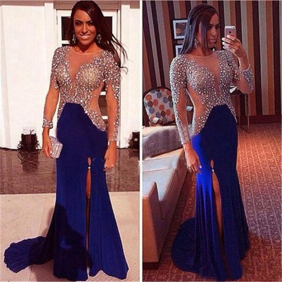 

Scoop Neck Long Sleeves See Through Prom Dress Beaded Rhiestone Royal Blue Evening Dresses High Slit Formal Party Dress Vestido De Festa
