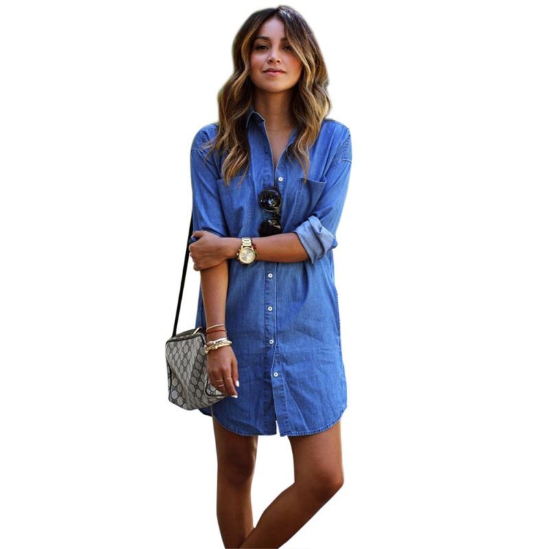 Fashion Casual Loose Straight Dress 2017 Women's Blue Denim Autumn Dress Turn-down Collar Long Sleeved Dresses Mini Vintage Party Dresses