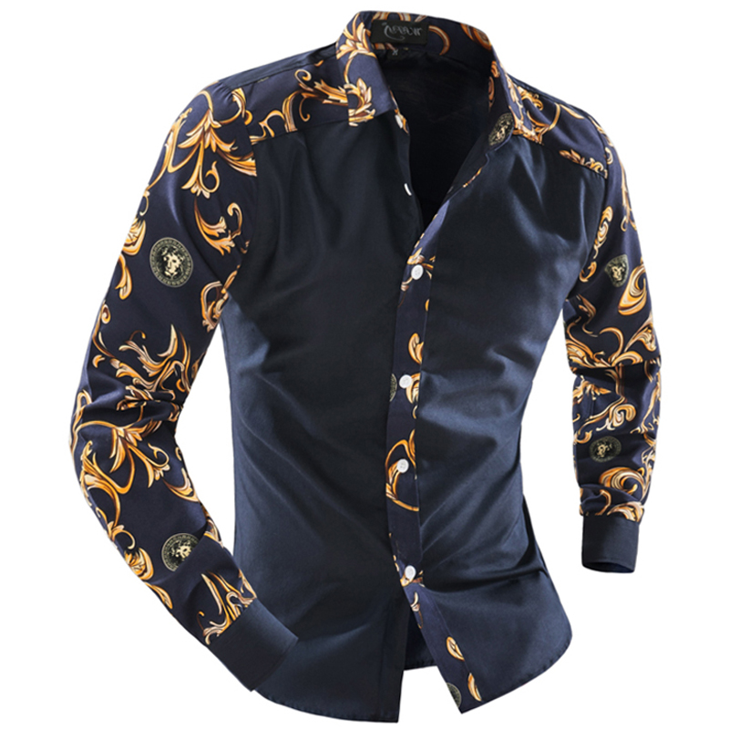 

Wholesale-2016 Fashion Brand Boutique Men'S Casual Long-Sleeved Floral Prints Stitching Design Men'S Shirts Chemise Homme Camisa Masculina, Blue