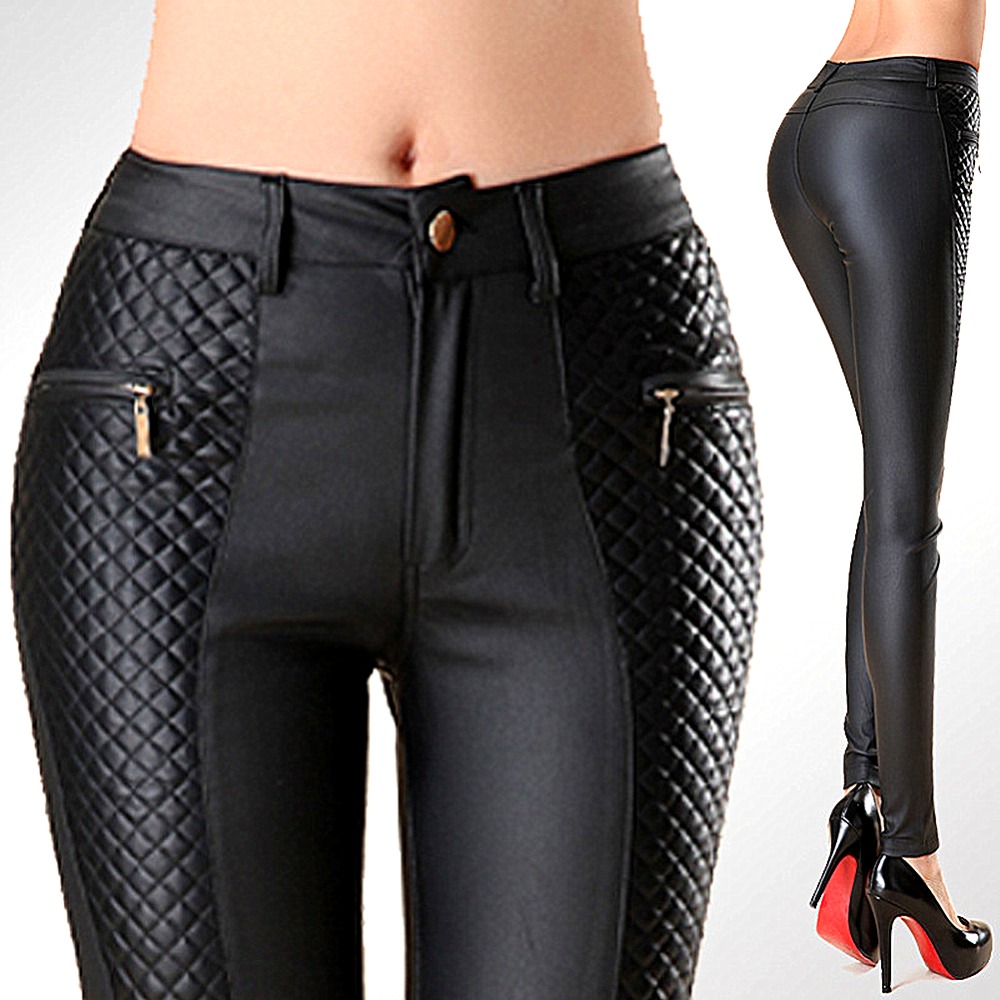 SERANDMIDO Women Leather pants PU Button Fly with Zipper Pockets Skinny Pencil Pants Patchwork Ladies Leather Leggings SMP011