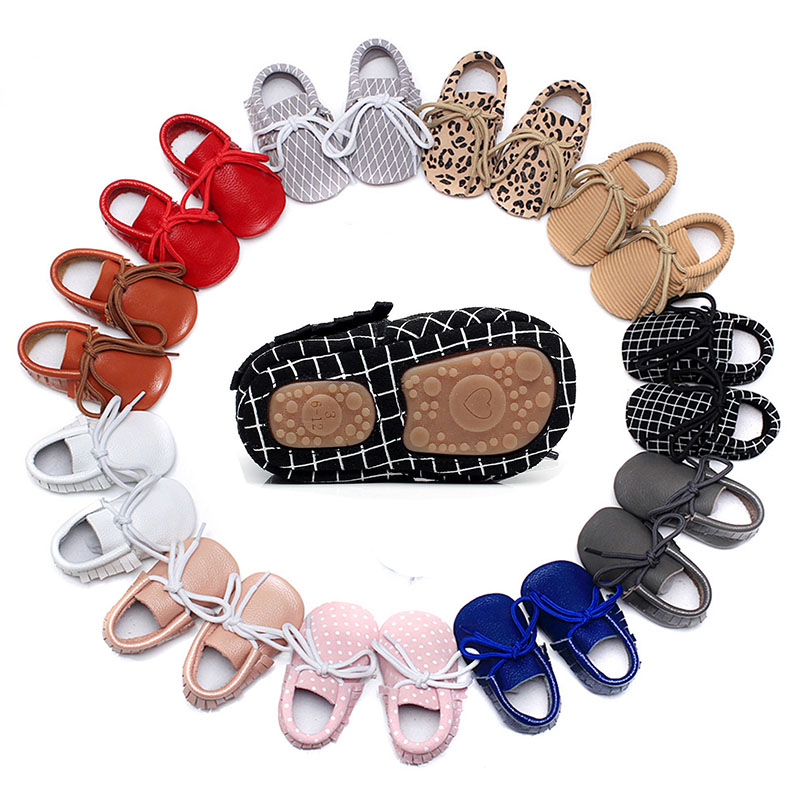 

Baby Moccasins 13 Design Hard Sole Genuine Leather Lace-up Anti-slip Baby Shoes Infant Toddler Walking Shoes 0-24 Months, Mixed color(remark to us)