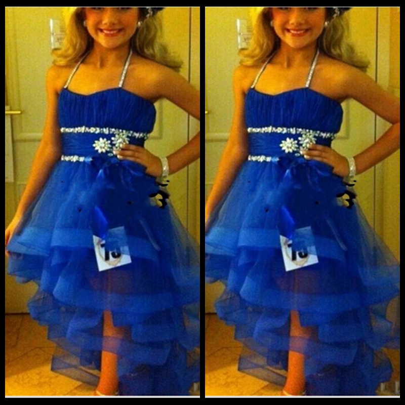 

Royal Blue Little Kids Organza Girls Pageant Dresses Beaded Spaghetti Cute Pageant Zipper A Line Long Little Girls Party Dresses, Silver