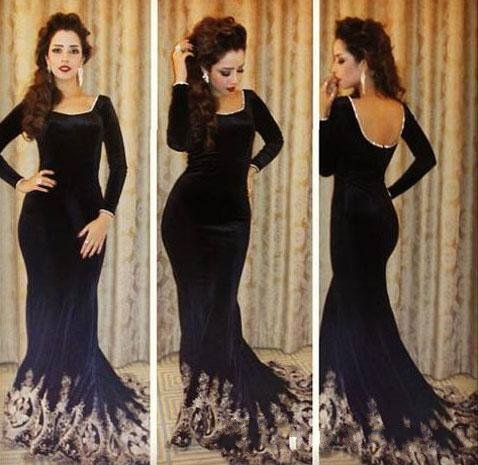 

2016 Vintage Arabic Long Sleeves Evening Dresses Black Velvet Mermaid Prom Gowns Floor Length Backless Formal Celebrity Dresses, Red