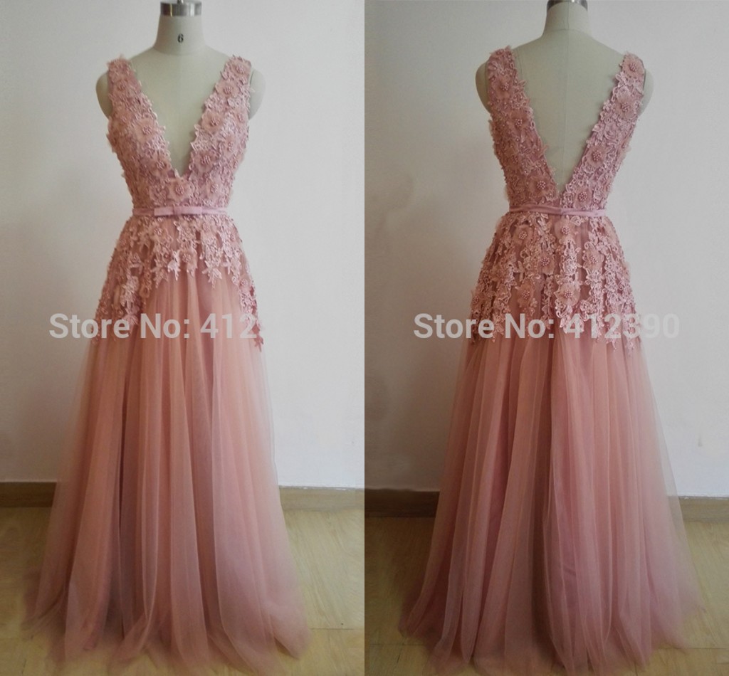 Sexy Blush Pink Dresses Evening Wear Deep V Neck Sleeveless A Line Lace Formal Celebrities Prom Cocktail Party Dress-image-387521459