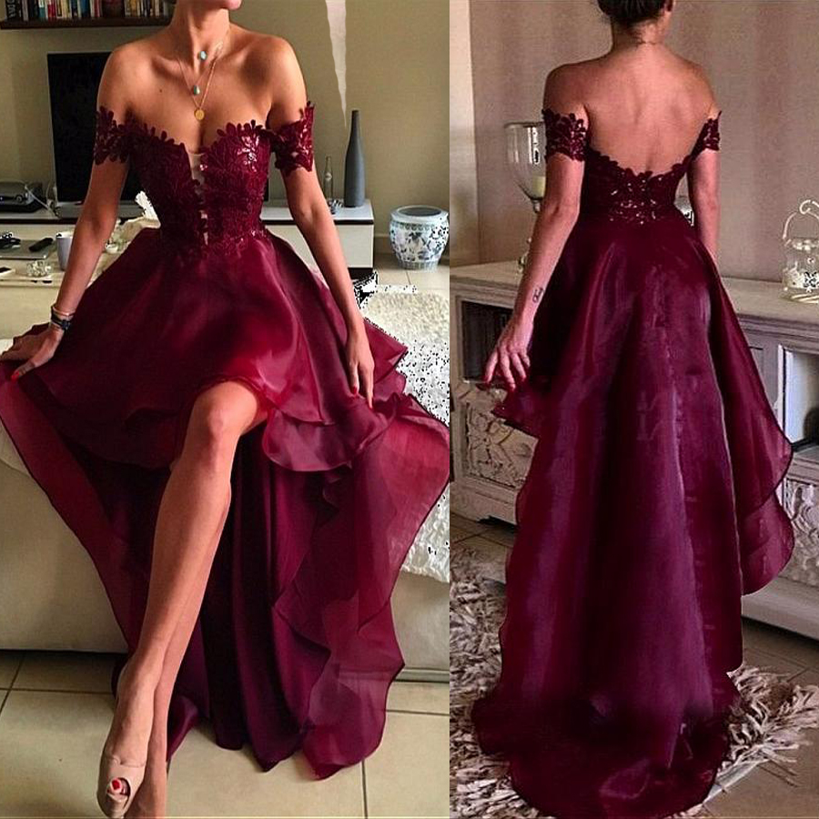 

Off-the-shoulder Neckline Hi-lo Prom Dresses With Lace Appliques Dark Red Organza Evening Dress graduation dresses vestido formatura, Water melon