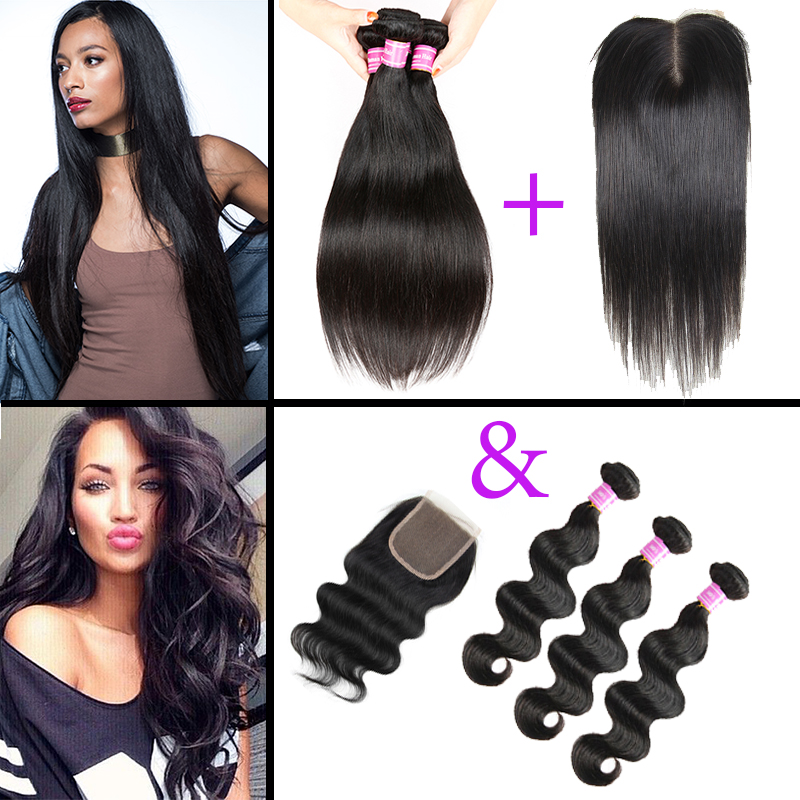 

Closure with Straight 3 Hair Extensions Body Wave Bundles and Lace Closure Brazilian Malaysian Peruvian Indian Mongolian Virgin Human Hair