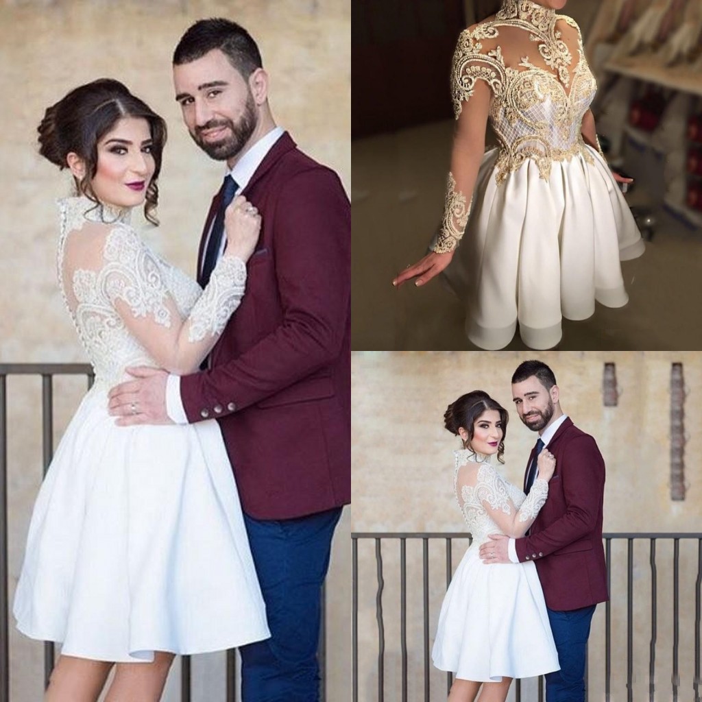 Luxury 2017 Short Mini Wedding Dresses High Neck Illusion Lace Appliques Beaded Sheer Back Button Long Sleeves Satin Plus Size Bridal Gown