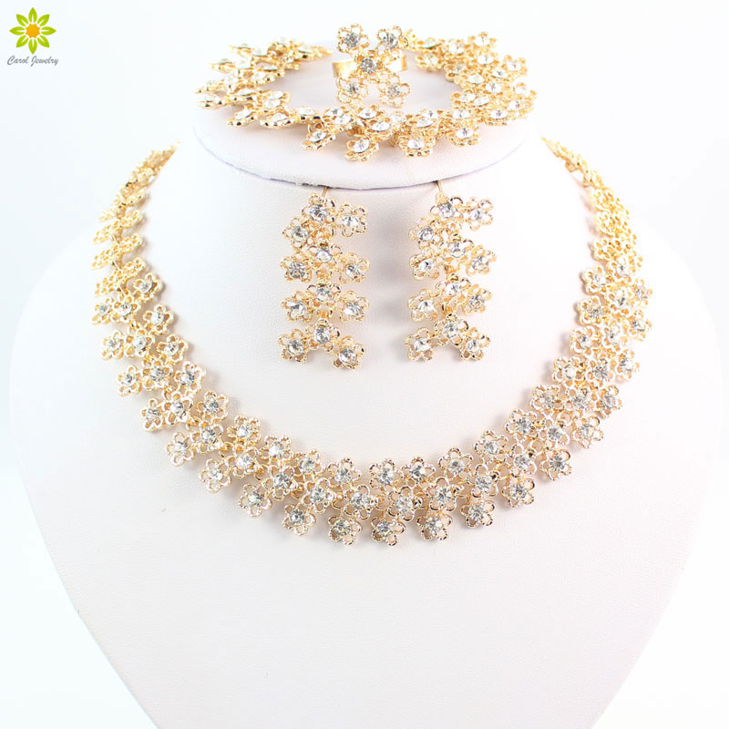 

Jewelry Sets For Women Gold Plated Clear Crystal Party Wedding Necklace Bangle Earrings Ring Wedding Dress Accessories Costume
