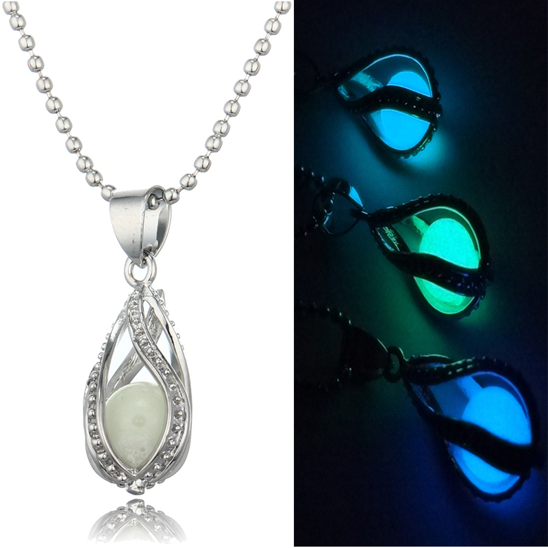 

New Glow in The Dark pearl cage pendant necklaces Open Hollow Luminous water drop Charm Locket bead Chain For women s Fashion Jewelry