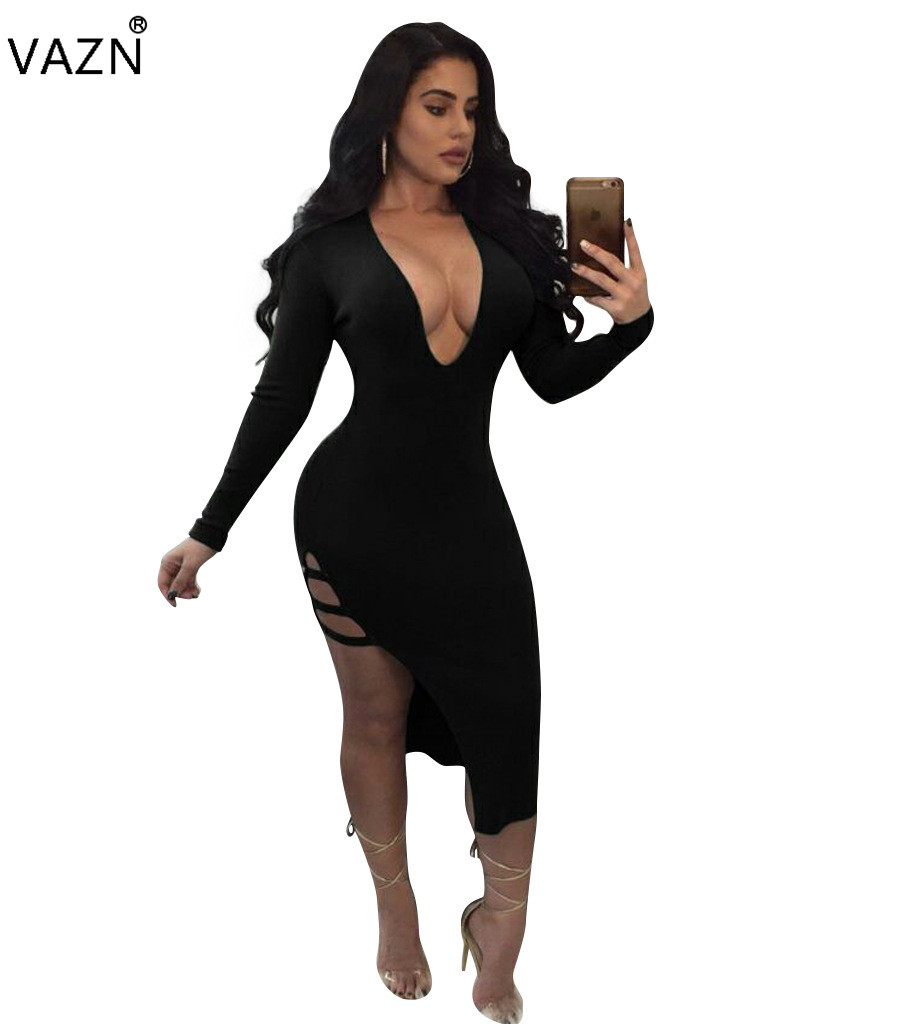 

VAZN 2017 New Women Hot Fashion Bandage Dress Full Sleeve Casual Dress V-Neck Sexy Midi Dress 8186 q1118, Green