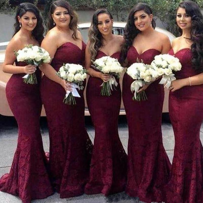 

Burgundy Full Lace Mermaid Bridesmaid Dresses Cheap Sweetheart Long Sheath Bridesmaid Gowns Wedding Guest Maid Of Honor Dresses