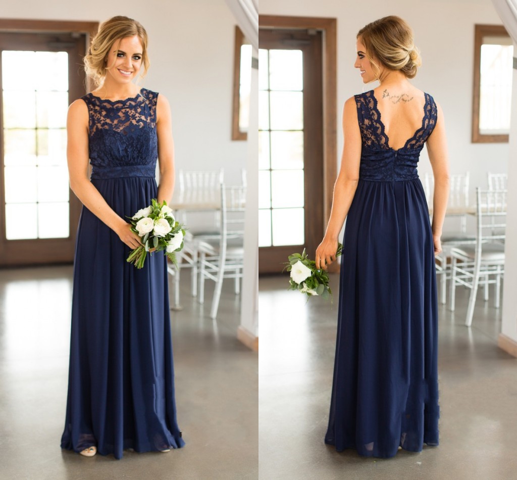Bridesmaid Dresses 2017 Cheap Country Jewel Full Lace Sleeveless Illusion Navy Blue Floor Length Formal Maid of Honor Gowns