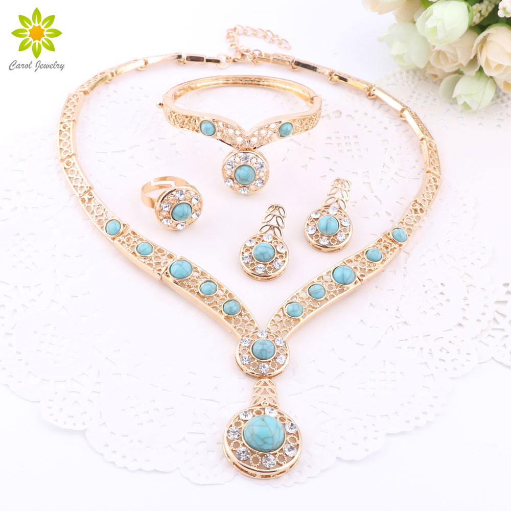 

African Beads 18K Gold Plated Nigerian Wedding CZ Diamond Jewelry Sets Crystal Bracelet Earring Ring Jewelry Sets 3Color