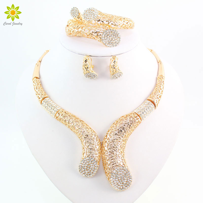 

Women Wedding African Beads Accessories Crystal Gold Plated Hollow Out Big Choker Necklace Earrings Ring Bracelet Jewelry Sets