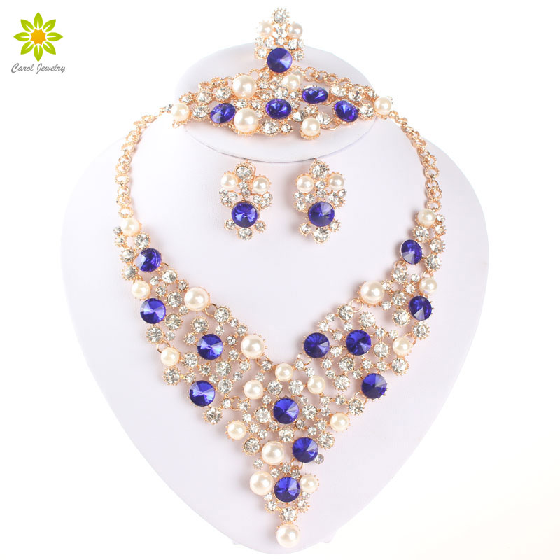 

Classic Simulated Pearl Beads Wedding Party Jewelry Set Fashion Gold Plated African Costume Gold Plated Crystal Jewelry Sets