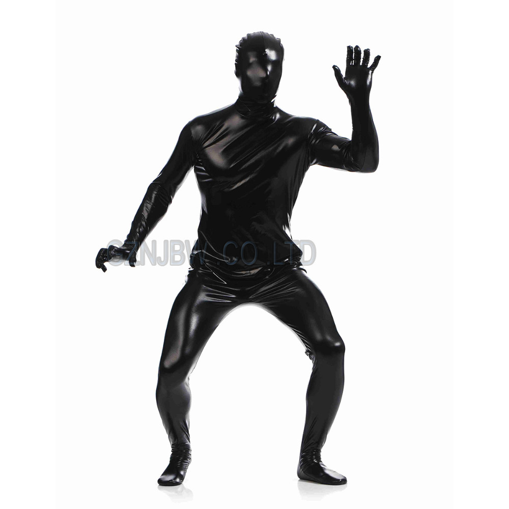 

Wholesale-Adult Mens Faux Leather Metallic Black Bright Full Skin Zentai Cosplay Costume Halloween Suit Bodysuit Unitard leotard