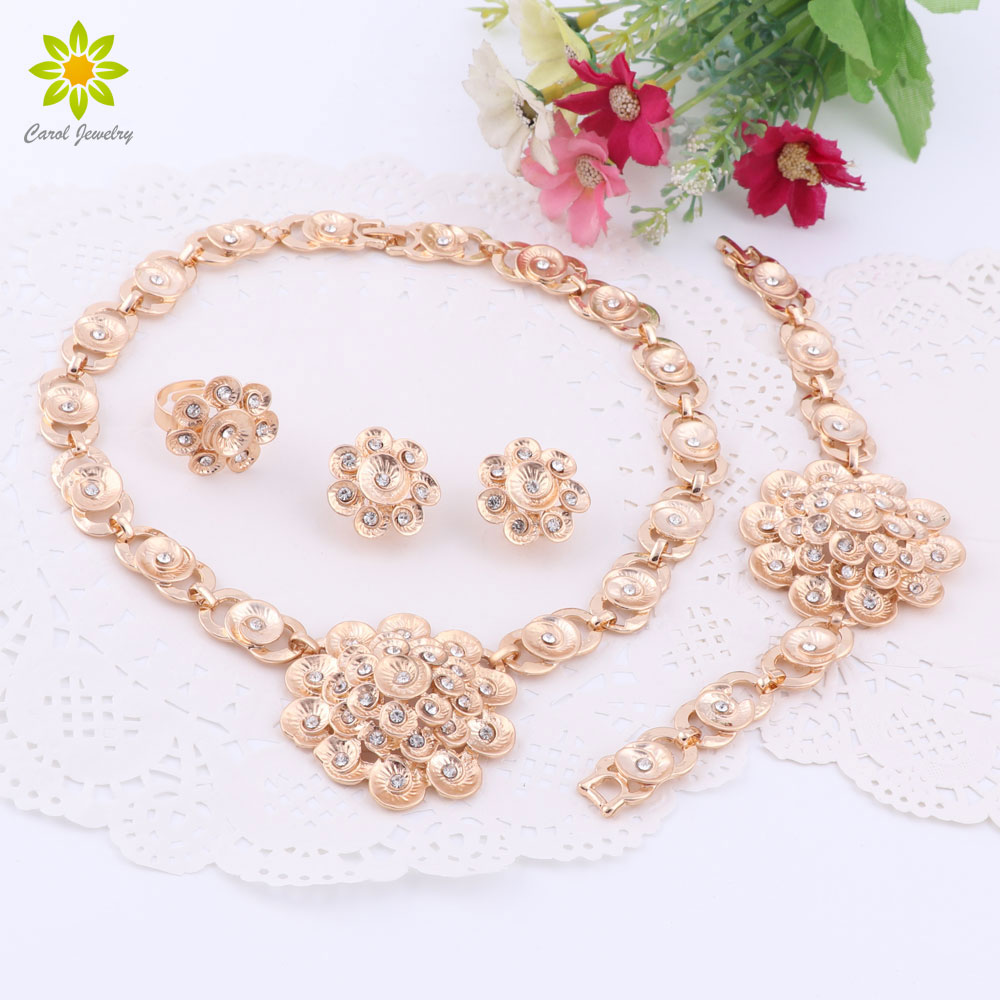 African Beads Jewelry Sets For Party Gold Plated Crystal Wedding Bridal Accessories Flower Necklace Earrings Bracelet Rings Set