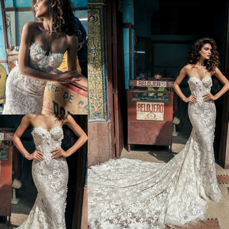

Julie Vino Mermaid Wedding Dresses 3D Floral Applique Sweetheart Plus Size Bohemian Wedding Dress Sweep Train Sexy Country Bridal Gown, Silver