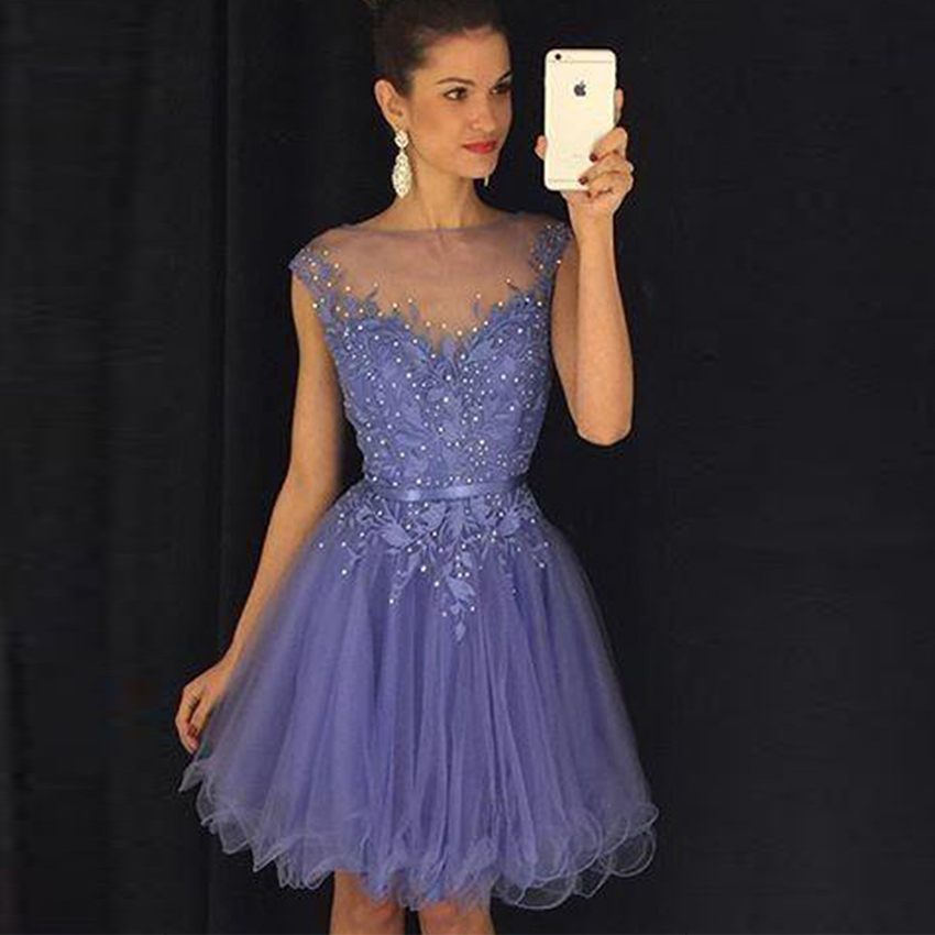 

2017 Lavender Short Homecoming Dresses Sheer Neck Cap Sleeves Appliques Beaded Tulle Knee Length Short Prom Dresses Cocktail Dresses, Light yellow