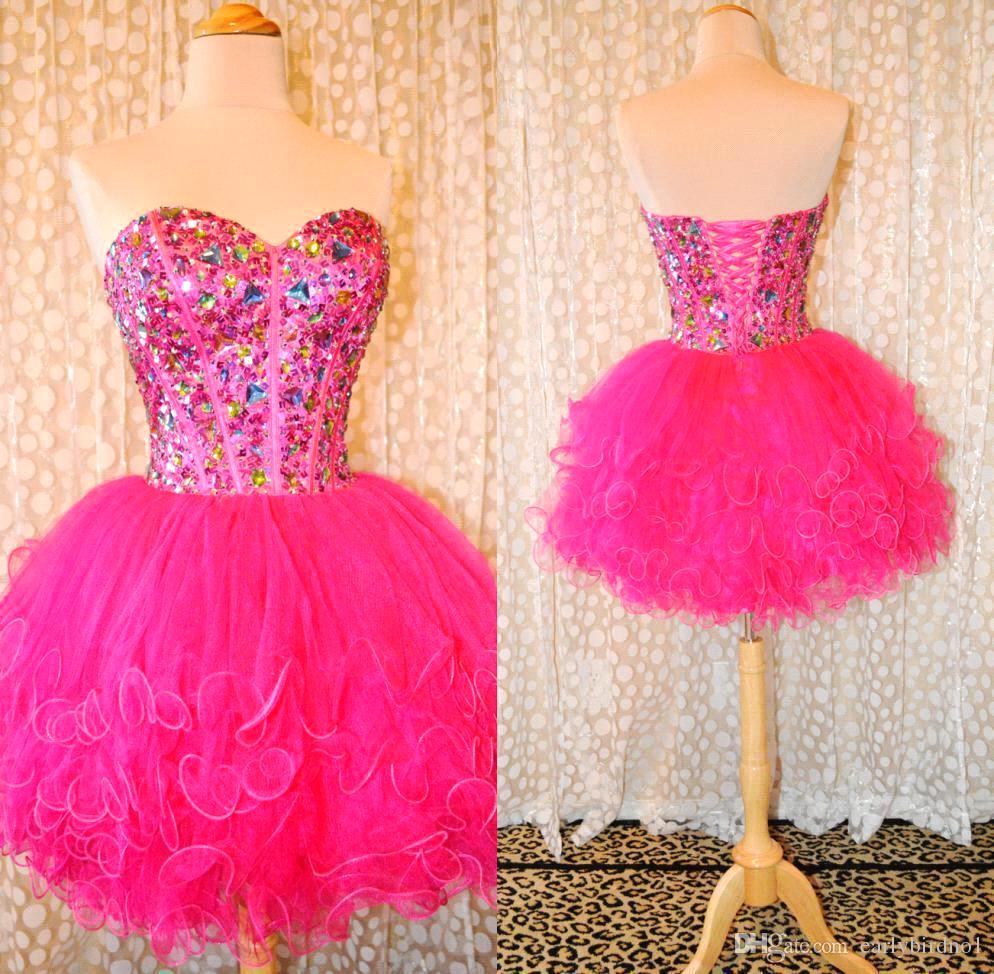 

Wonderful Sweetheart Crystals Hot Pink Puffy Tulle Ball Gown Short Homecoming Colorful Rhinestones Cocktail Prom Graduation Dresses BO7806, White