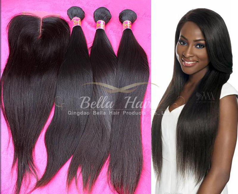

100 human hair wefts with closure mongolian straight hair extensions 3pieces with one lace closure middle part 4pcs lot natural color
