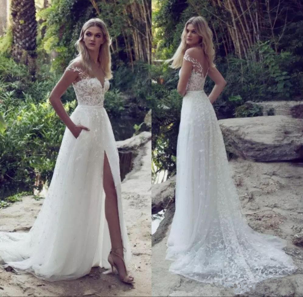 

White Full Lace Wedding Dresses Sheer Illusion Bodice Jewel Court Train Vintage Garden Beach Boho Wedding Dress Bridal Gowns