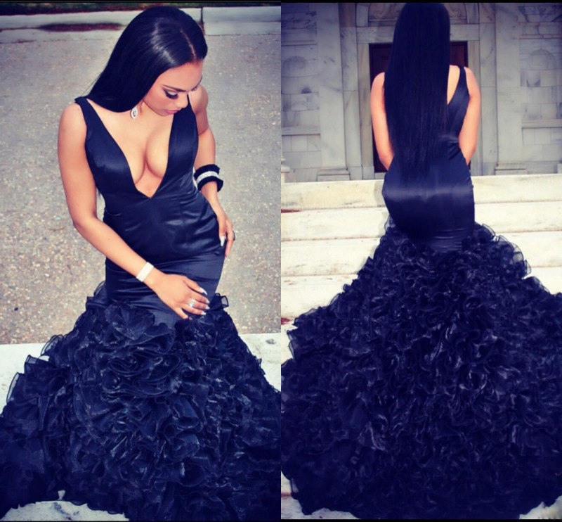

Sexy Dark Navy Deep v Neck Evening Gowns 2k17 Mermaid Organza Ruffles Black Girl Prom Dresses Plus Size African Formal Party Dresses, Sage