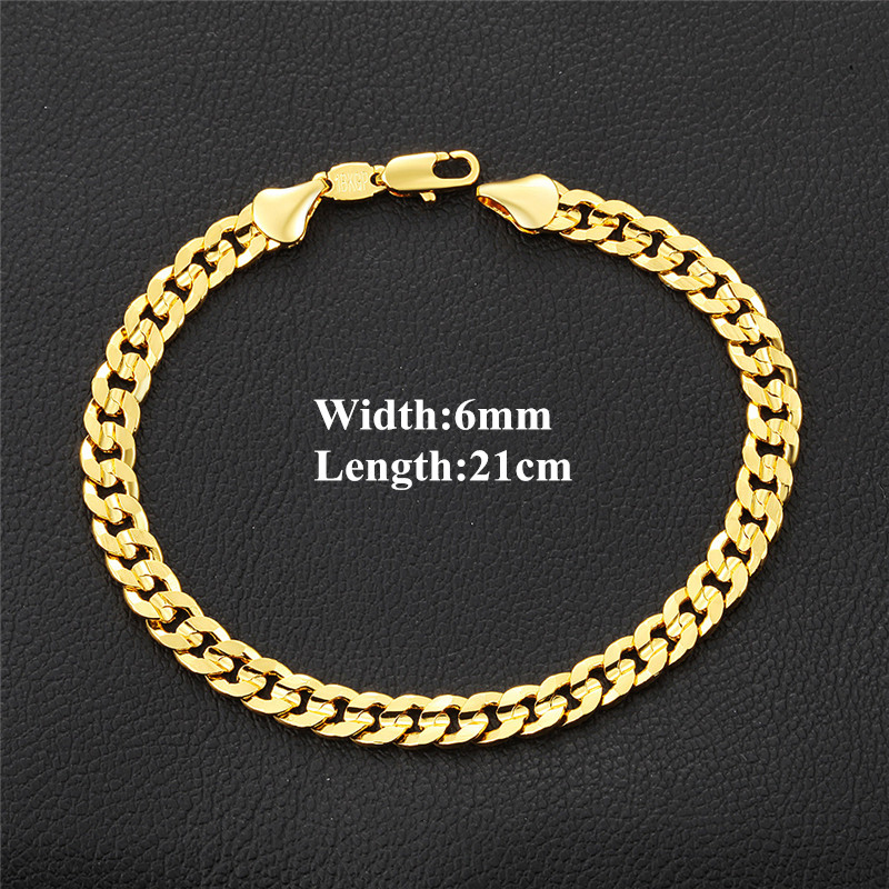 

6MM 21CM Braceles For Men 18K Yellow Gold Color Chain Curb Bracelets Fashion Trendy Link Bangle Jewelry Gift, Black