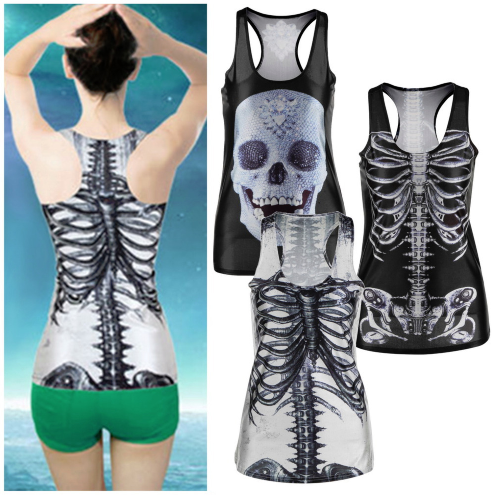 

Wholesale-Popular Cool 3D Sexy Women vintage Printed Skeleton Skull Tank Tops Gothic Punk Clubwear Punk knitted T-Shirt Wholesale, Black skeleton