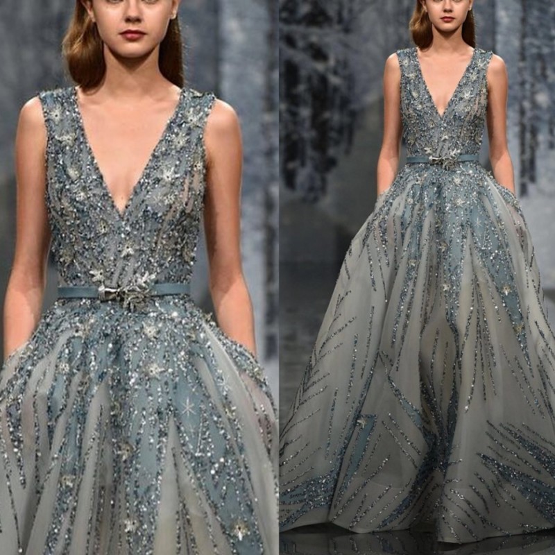 

Zuhair Murad Dress Evening Wear Crystal V Neck Long Formal Gowns Beads A Line Sweep Train Luxury Runway Fashion Gown New Arrival, Chocolate