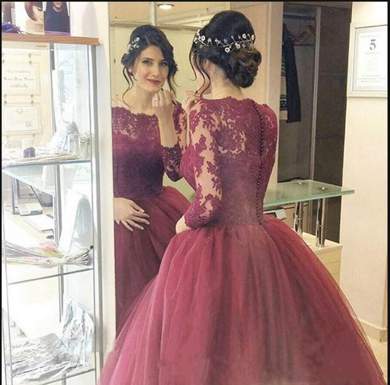 

2017 New Burgundy Lace Prom Dress Ball Gown Quinceanera Dresses Bateau Neck Long Sleeves Appliques Organza Sweep Train Sweet 16 Party, Purple